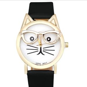 NEW Nerd Hipster Cat Glasses Gold Black Watch Meow
